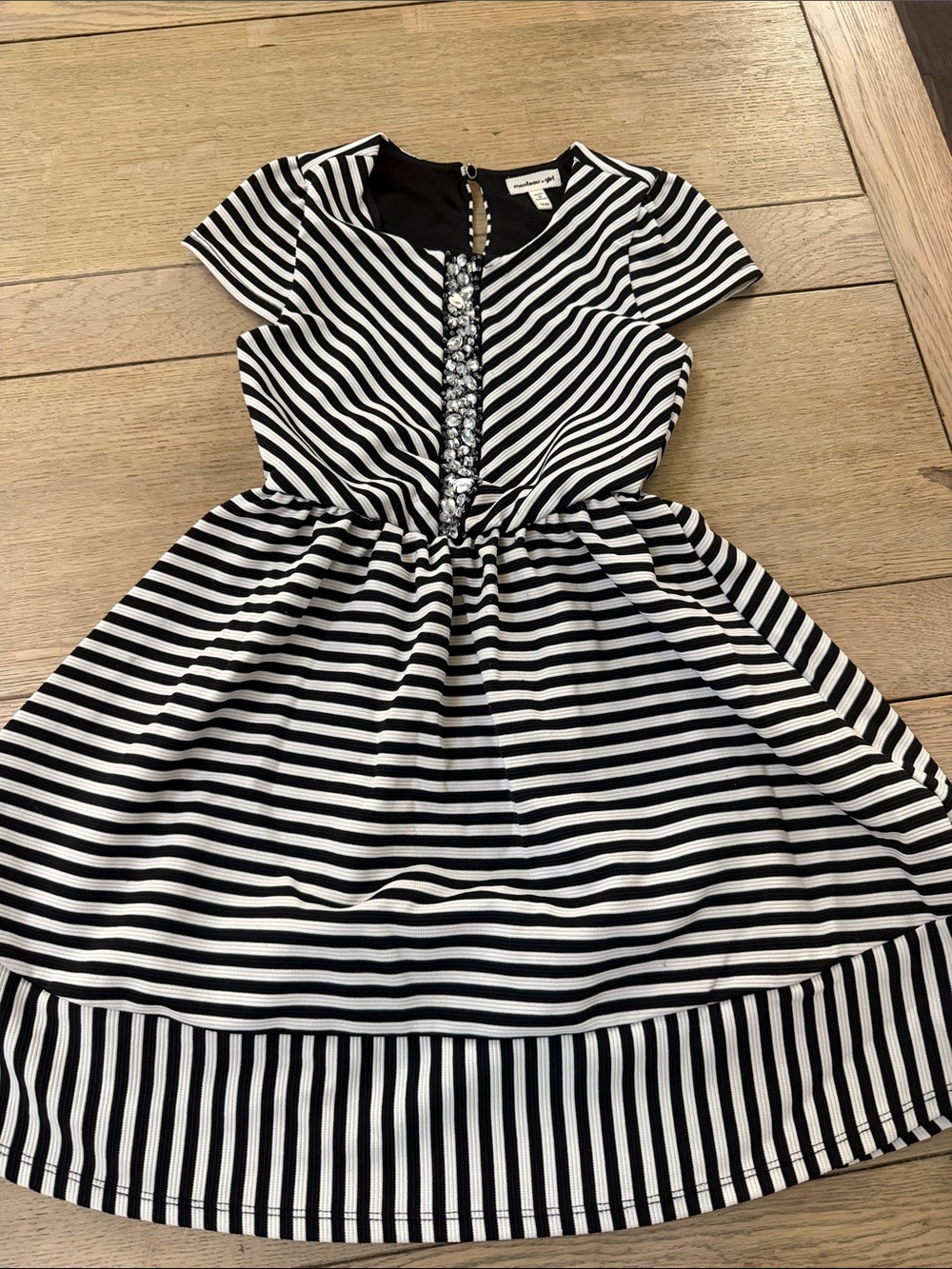 Monteau Black and White Striped Girls' Formal Dress with Jewel Accent